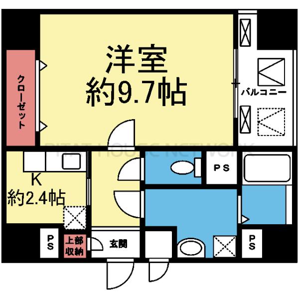 洋室9.7帖の南東向き1K