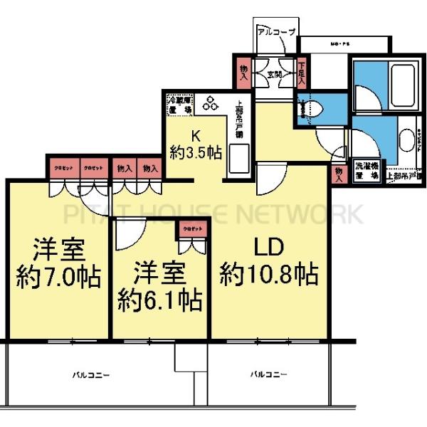 全室フローリングの2LDK
