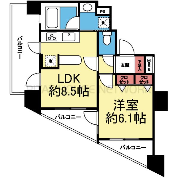 2面採光・角部屋の1LDK
