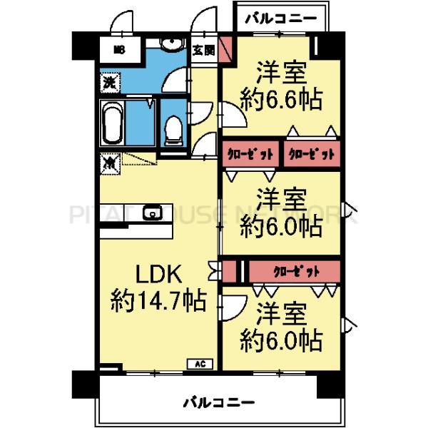全室洋室の南西向き角部屋