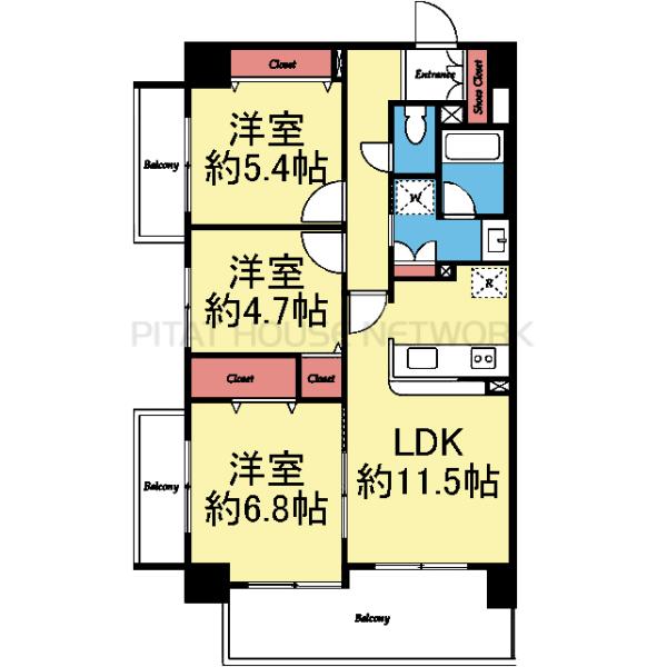 2面採光角部屋の3LDK