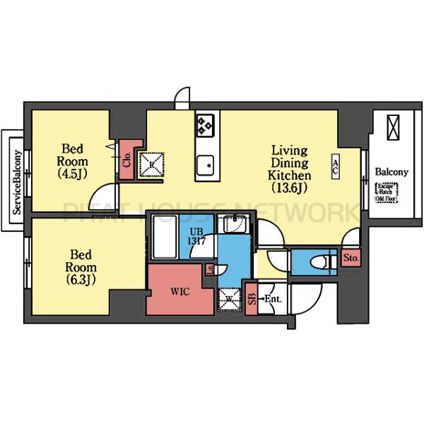 三方角部屋の2LDK